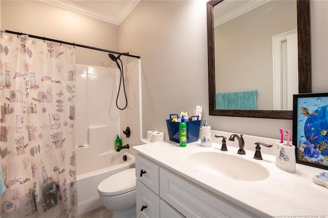 full bath featuring shower / tub combo, toilet, ornamental molding, and vanity