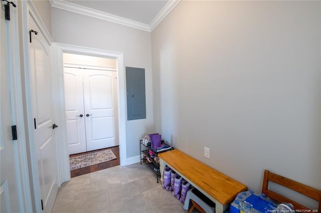 mudroom with electric panel, baseboards, and ornamental molding