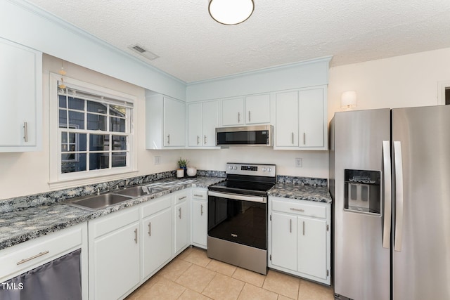 kitchen featuring a sink, visible vents, appliances with stainless steel finishes, and white cabinetry