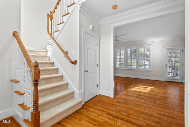 stairs featuring ceiling fan, wood finished floors, a wealth of natural light, and ornamental molding