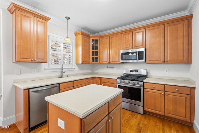 kitchen with glass insert cabinets, light wood-type flooring, hanging light fixtures, stainless steel appliances, and a sink