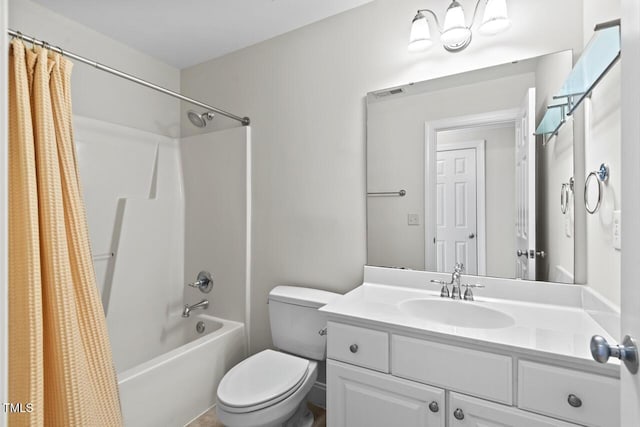 bathroom featuring toilet, vanity, and shower / bathtub combination with curtain