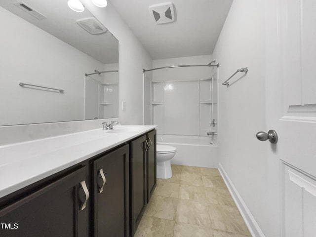 bathroom with visible vents, baseboards, toilet, shower / bath combination, and vanity