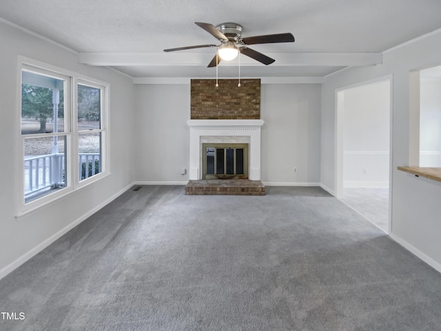 unfurnished living room featuring beam ceiling, a brick fireplace, carpet flooring, and baseboards