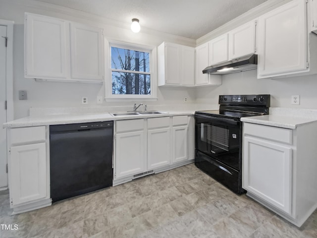 kitchen with black appliances, under cabinet range hood, a sink, white cabinetry, and light countertops