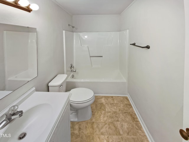 full bath with baseboards, toilet, vanity, and  shower combination