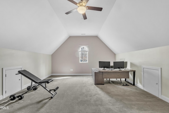 carpeted office featuring baseboards, a ceiling fan, and vaulted ceiling