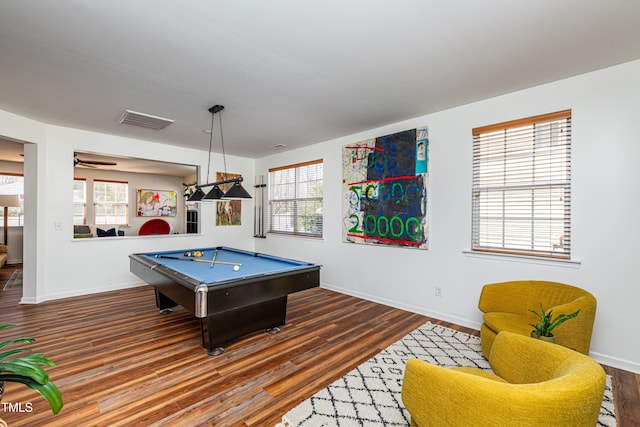 playroom featuring visible vents, pool table, baseboards, and wood finished floors