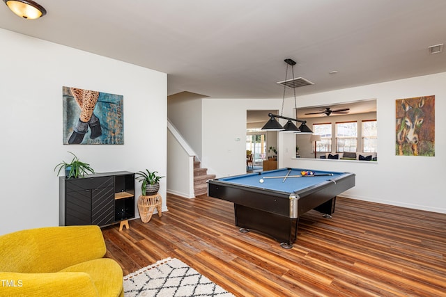 recreation room with visible vents, baseboards, wood finished floors, and pool table