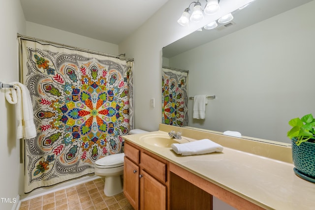 full bathroom with visible vents, toilet, vanity, and a shower with shower curtain