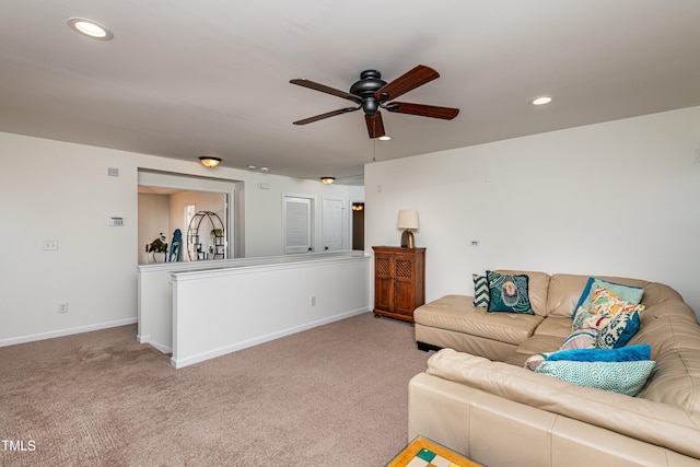 living room with recessed lighting, a ceiling fan, baseboards, and carpet floors