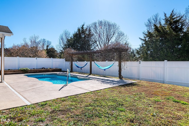 view of swimming pool featuring a patio, a yard, and a fenced backyard