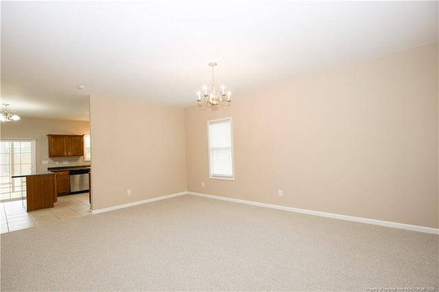 440 Moss Pink Dr, Vass, NC 28394 - empty room with light tile patterned floors, a notable chandelier, baseboards, and light colored carpet