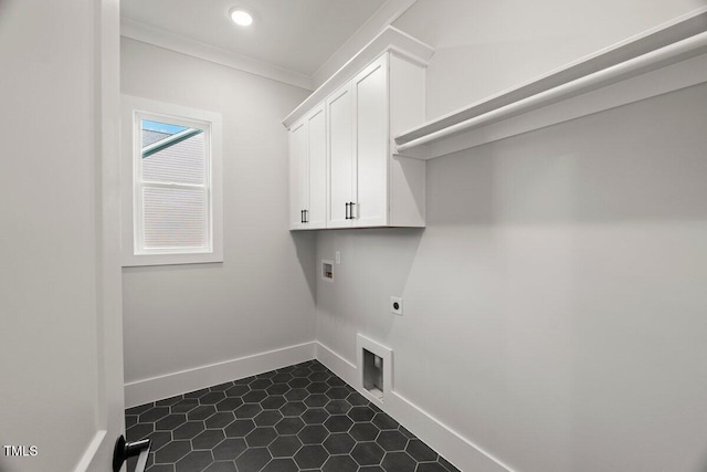 9004 Penny Rd, Raleigh, NC 27606 - laundry room with washer hookup, electric dryer hookup, ornamental molding, recessed lighting, and dark tile patterned floors