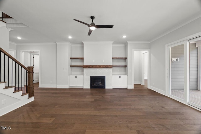 9004 Penny Rd, Raleigh, NC 27606 - unfurnished living room featuring a ceiling fan, crown molding, stairs, recessed lighting, and dark wood-style floors