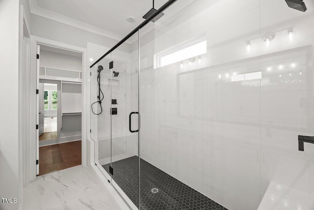 9004 Penny Rd, Raleigh, NC 27606 - full bath featuring a stall shower, marble finish floors, and crown molding