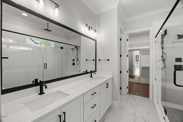 9004 Penny Rd, Raleigh, NC 27606 - bathroom with a stall shower, crown molding, healthy amount of natural light, marble look tiles, and double vanity