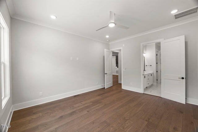9004 Penny Rd, Raleigh, NC 27606 - unfurnished bedroom featuring ornamental molding, wood finished floors, recessed lighting, connected bathroom, and ceiling fan