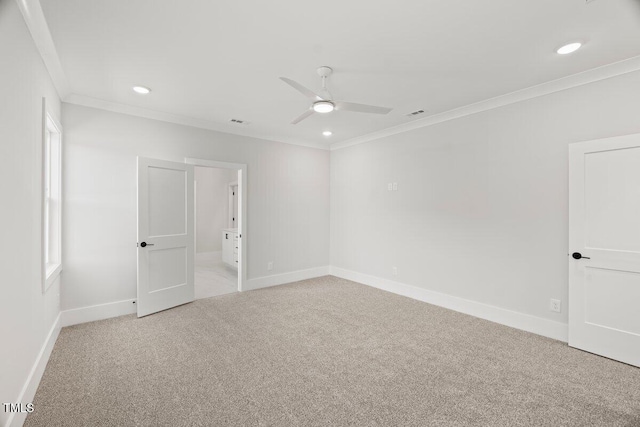 9004 Penny Rd, Raleigh, NC 27606 - spare room featuring ornamental molding, ceiling fan, light carpet, and recessed lighting