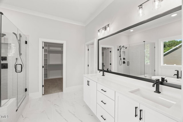 9004 Penny Rd, Raleigh, NC 27606 - full bathroom featuring a shower stall, double vanity, ornamental molding, a spacious closet, and a soaking tub