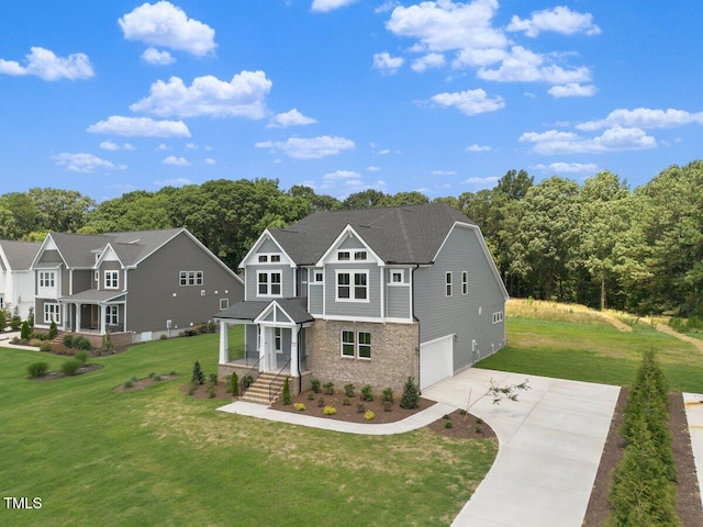 9004 Penny Rd, Raleigh, NC 27606 - craftsman house featuring an attached garage, driveway, a front yard, and brick siding