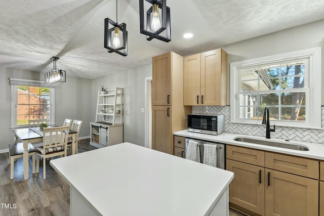 kitchen with a sink, tasteful backsplash, dishwasher, and wood finished floors