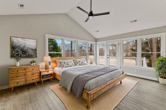 bedroom with visible vents, baseboards, and wood finished floors