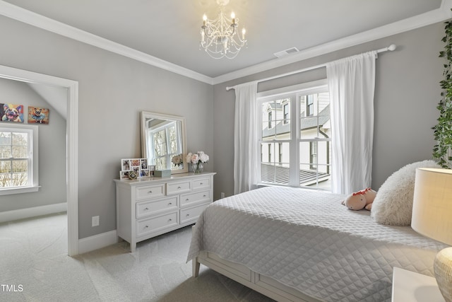 bedroom featuring light carpet, visible vents, multiple windows, and an inviting chandelier