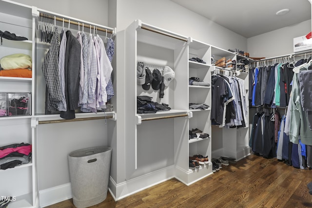 walk in closet with wood finished floors