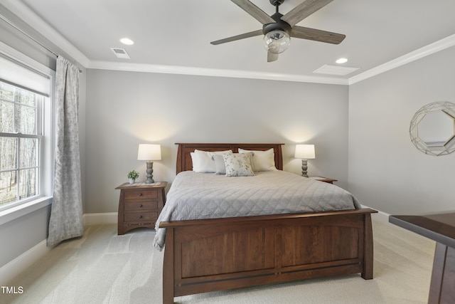 bedroom featuring multiple windows, light carpet, baseboards, and crown molding