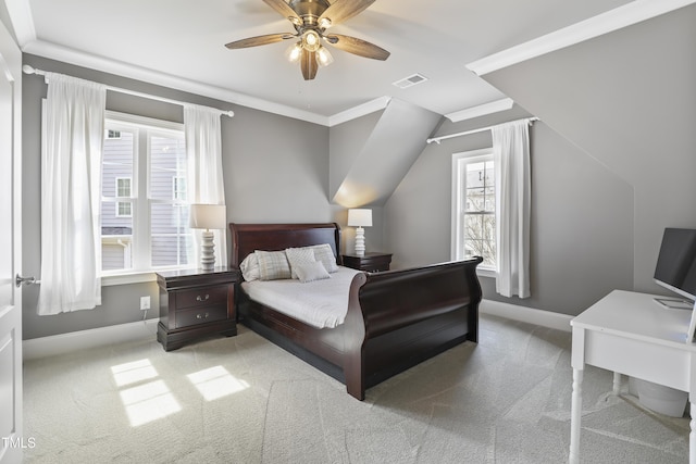 bedroom with visible vents, carpet flooring, and crown molding