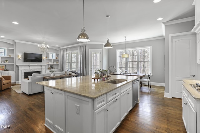 kitchen with dark wood finished floors, a sink, light stone counters, and stainless steel dishwasher