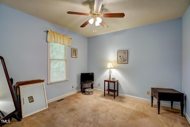 living area featuring carpet, baseboards, and a textured ceiling