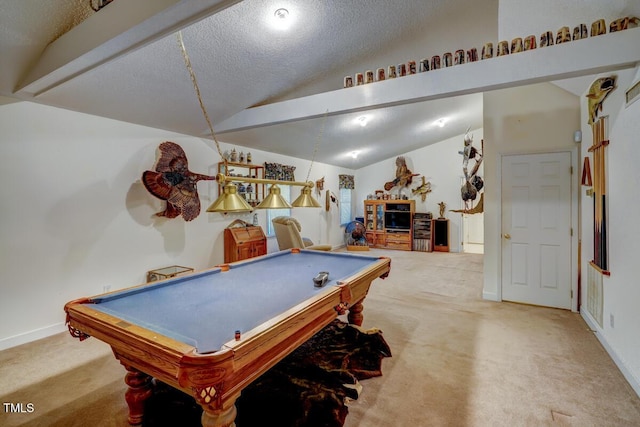 rec room featuring billiards, baseboards, carpet floors, lofted ceiling, and a textured ceiling