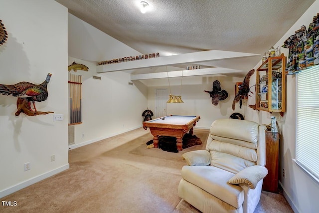 rec room featuring lofted ceiling, billiards, carpet floors, and a textured ceiling