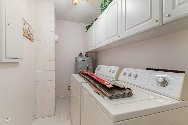 laundry area with baseboards, cabinet space, water heater, ceiling fan, and washer and dryer