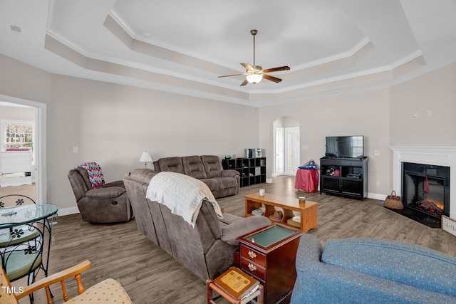 living room with a raised ceiling, wood finished floors, arched walkways, and a premium fireplace