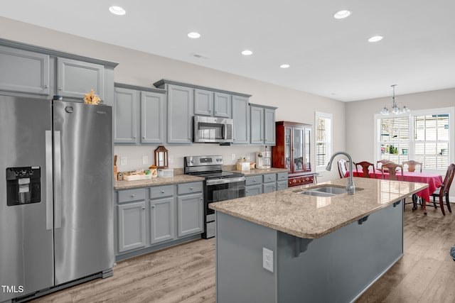 kitchen featuring an island with sink, recessed lighting, a sink, stainless steel appliances, and light wood-style floors