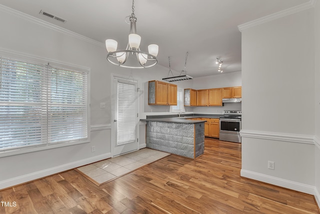 kitchen featuring a peninsula, ornamental molding, stainless steel range with electric cooktop, under cabinet range hood, and light wood-type flooring