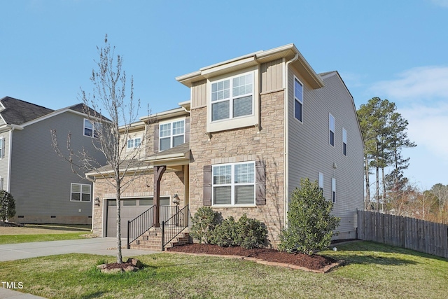 traditional home with stone siding, fence, board and batten siding, concrete driveway, and a front yard