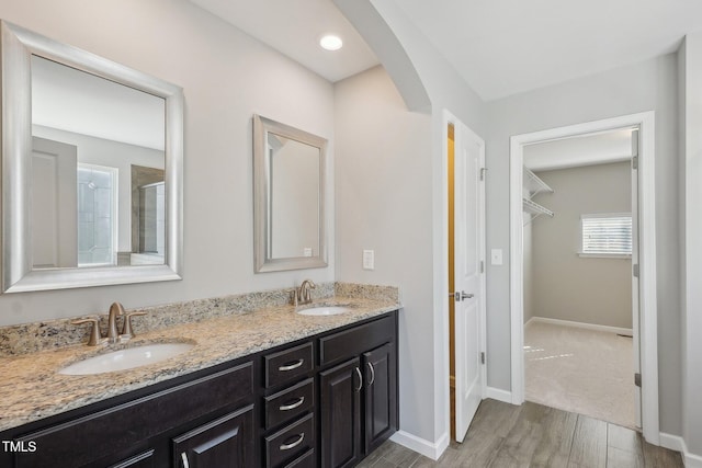 bathroom with a sink, a walk in closet, baseboards, and double vanity