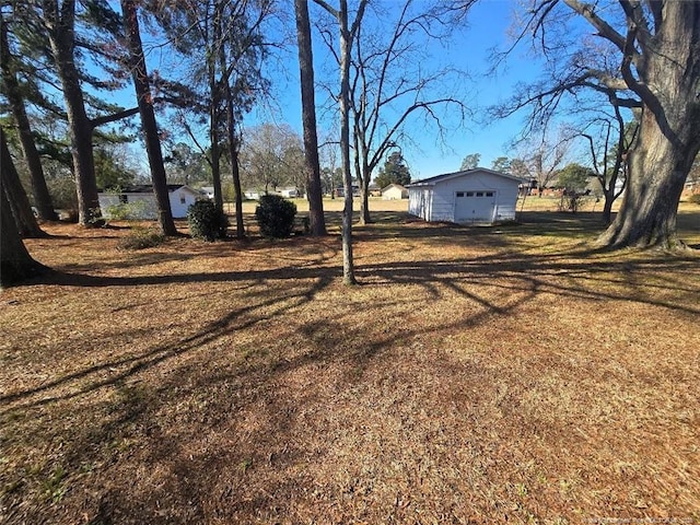 view of yard with driveway, a detached garage, and an outdoor structure