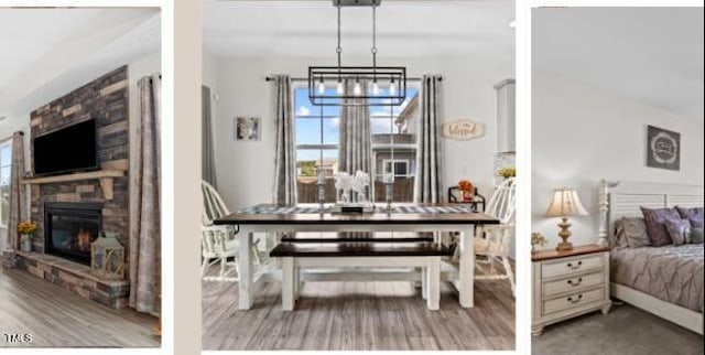 interior space featuring wood finished floors, a notable chandelier, and a fireplace