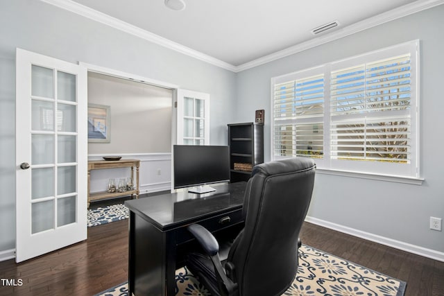 office space with baseboards, visible vents, ornamental molding, dark wood-type flooring, and french doors