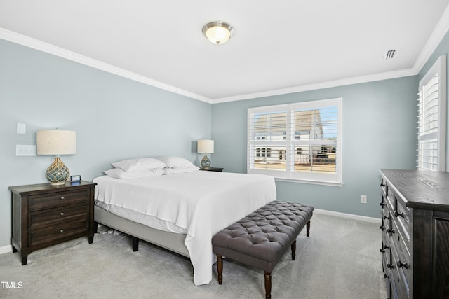 bedroom featuring baseboards, light colored carpet, and ornamental molding