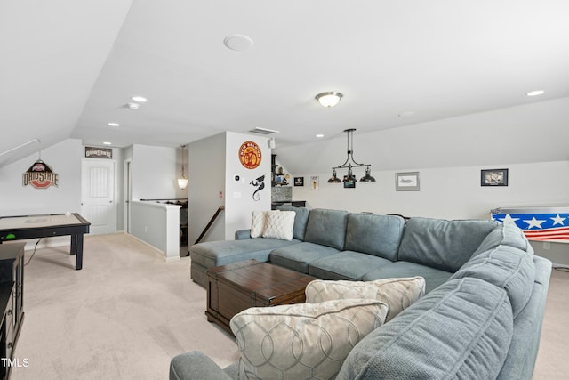 living room featuring visible vents, baseboards, vaulted ceiling, light carpet, and recessed lighting