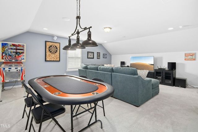 recreation room with recessed lighting, light colored carpet, baseboards, and lofted ceiling