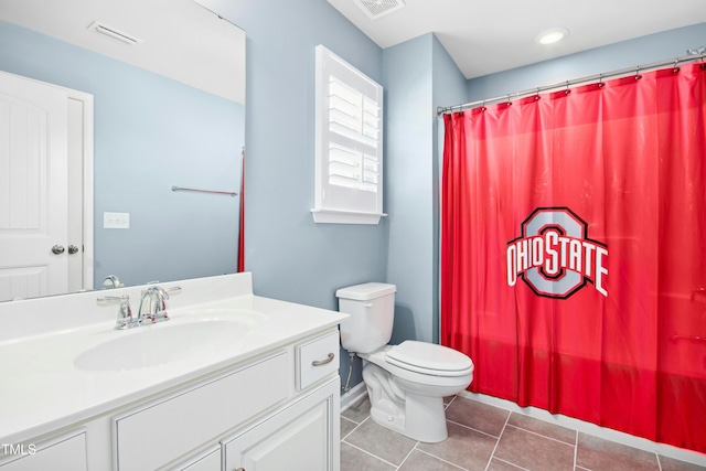 full bath featuring tile patterned flooring, visible vents, toilet, and vanity