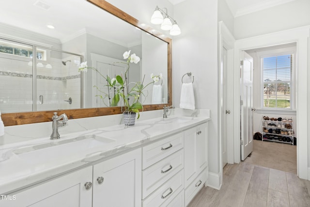 full bath featuring a healthy amount of sunlight, crown molding, and a sink