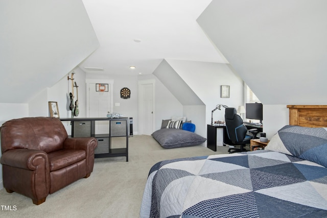 bedroom with light carpet and lofted ceiling